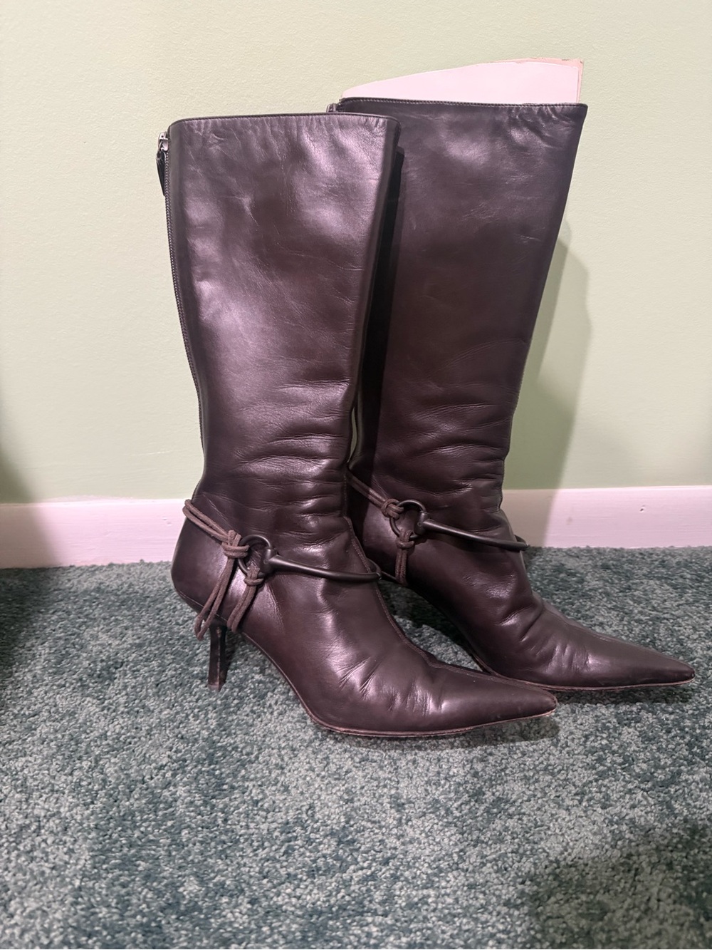 Gucci Dark Brown Pointed-Toe Mid-Calf Knot-Detail Boots
